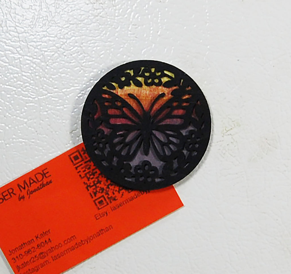 Round hand-painted basswood butterfly magnet