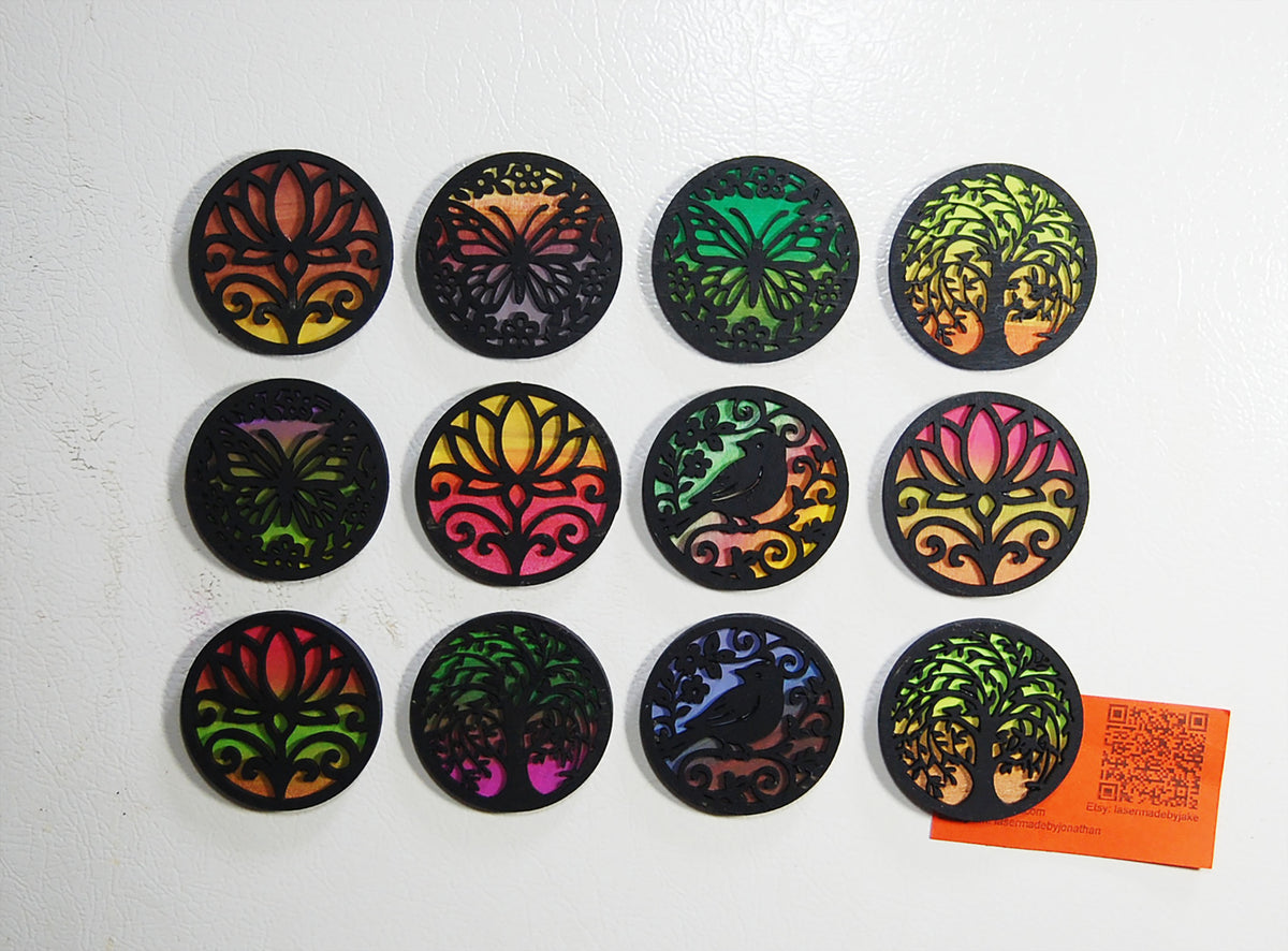 Group shot of colorful round hand-painted basswood magnets