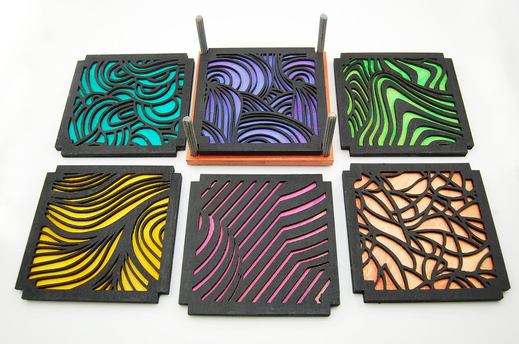 6 Coaster Set, laser cut, hand painted