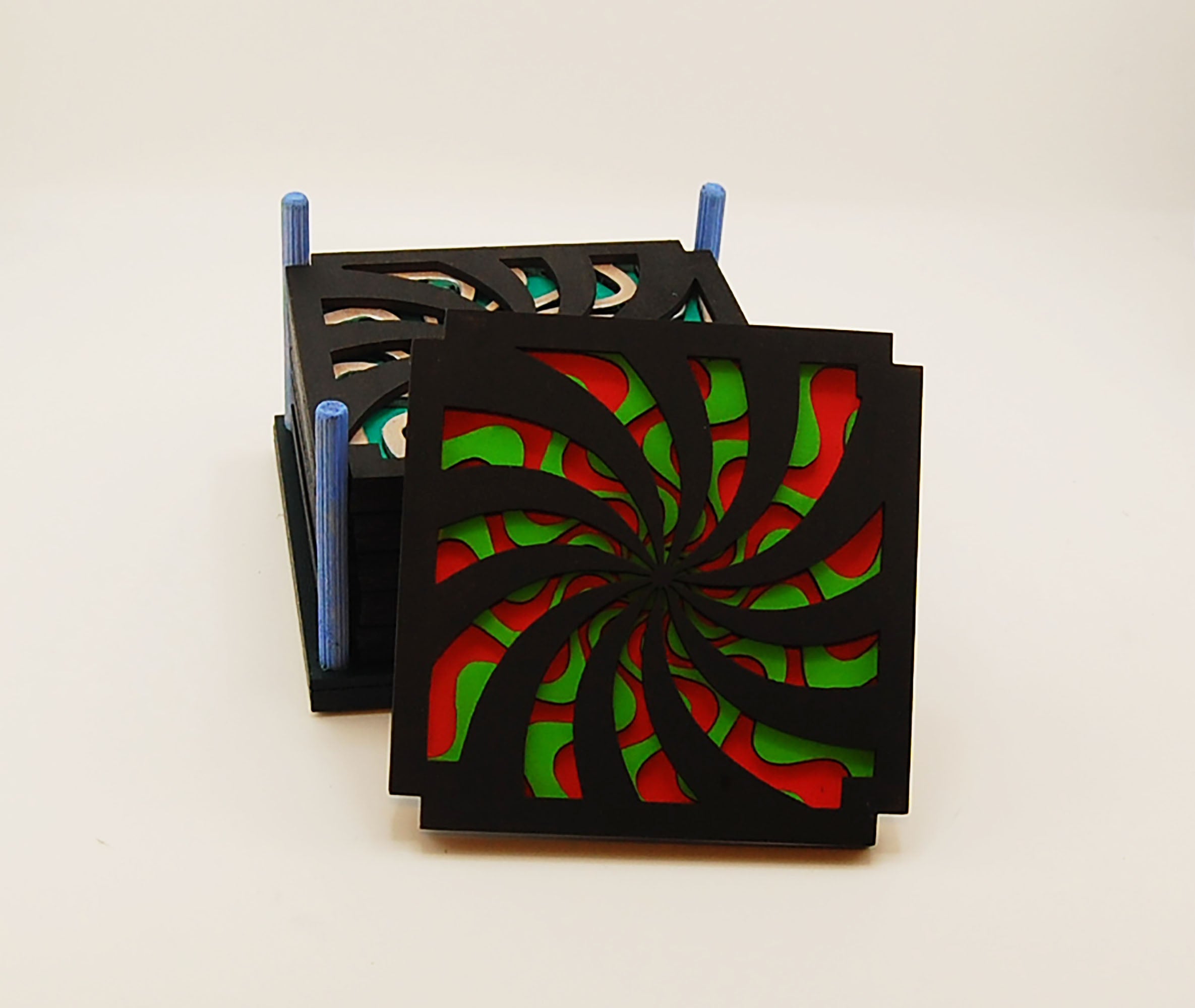 Coaster Set, 6 coasters, multi-layered basswood, laser cut, hand painted