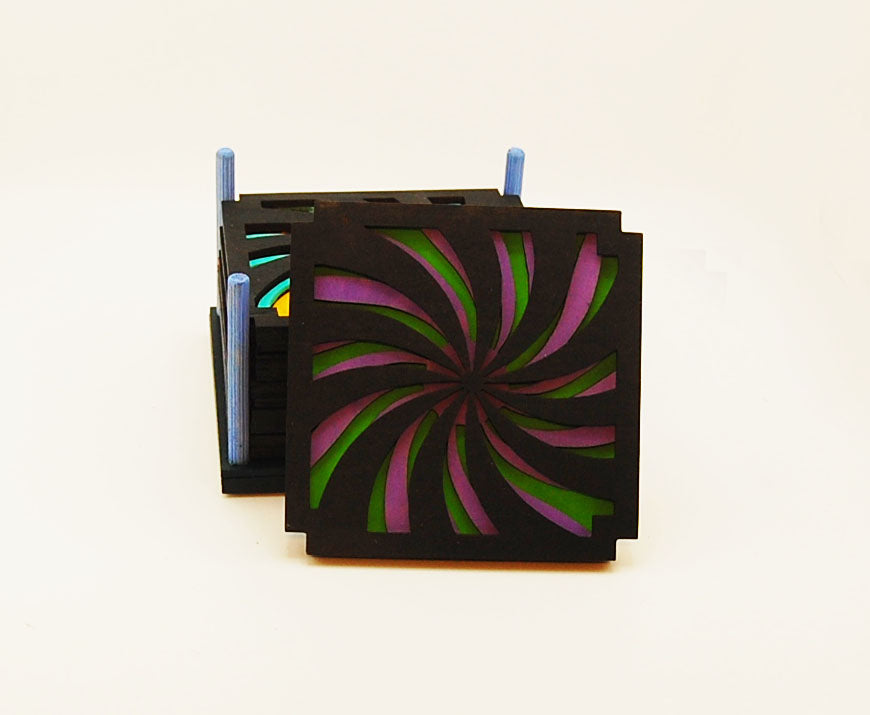 Coaster Set, 6 coasters, multi-layered basswood, laser cut, hand painted