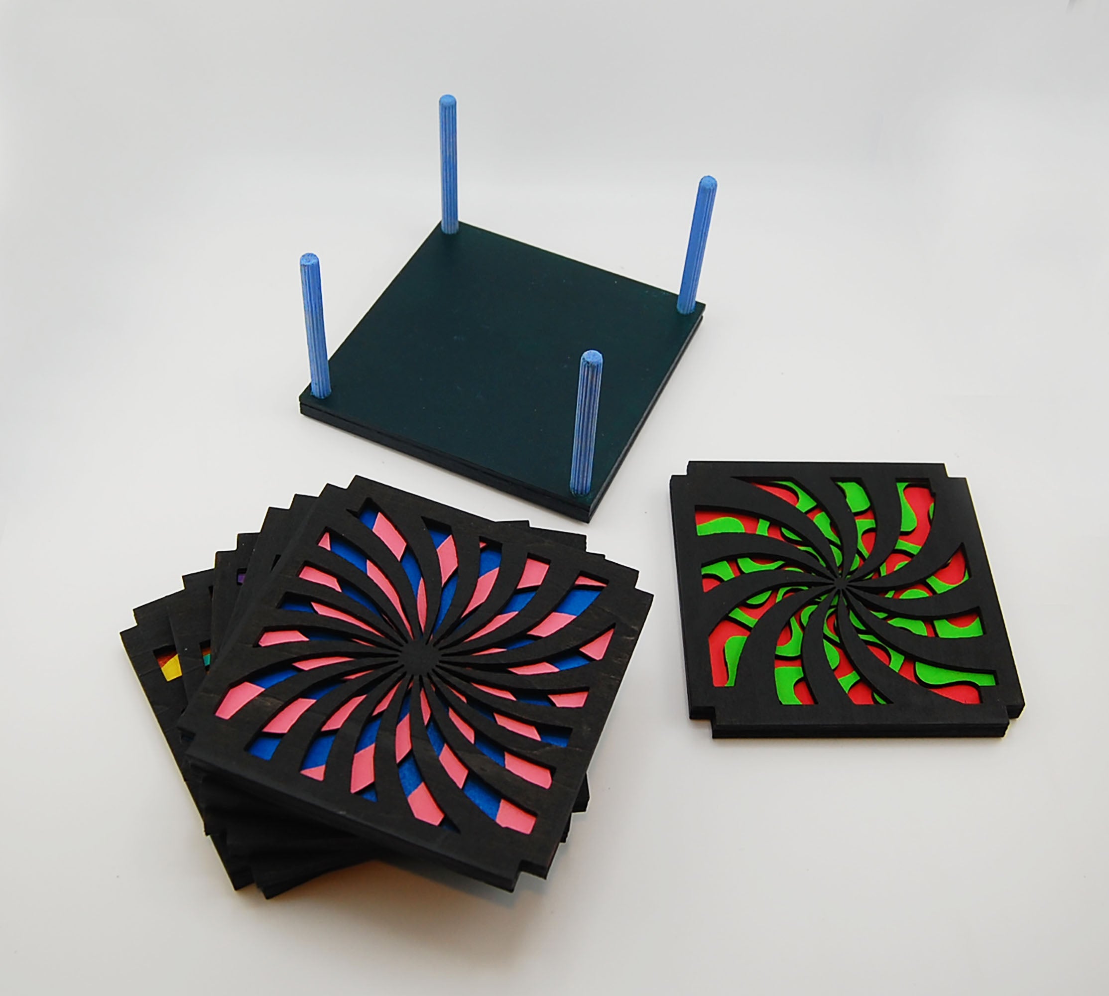 Coaster Set, 6 coasters, multi-layered basswood, laser cut, hand painted
