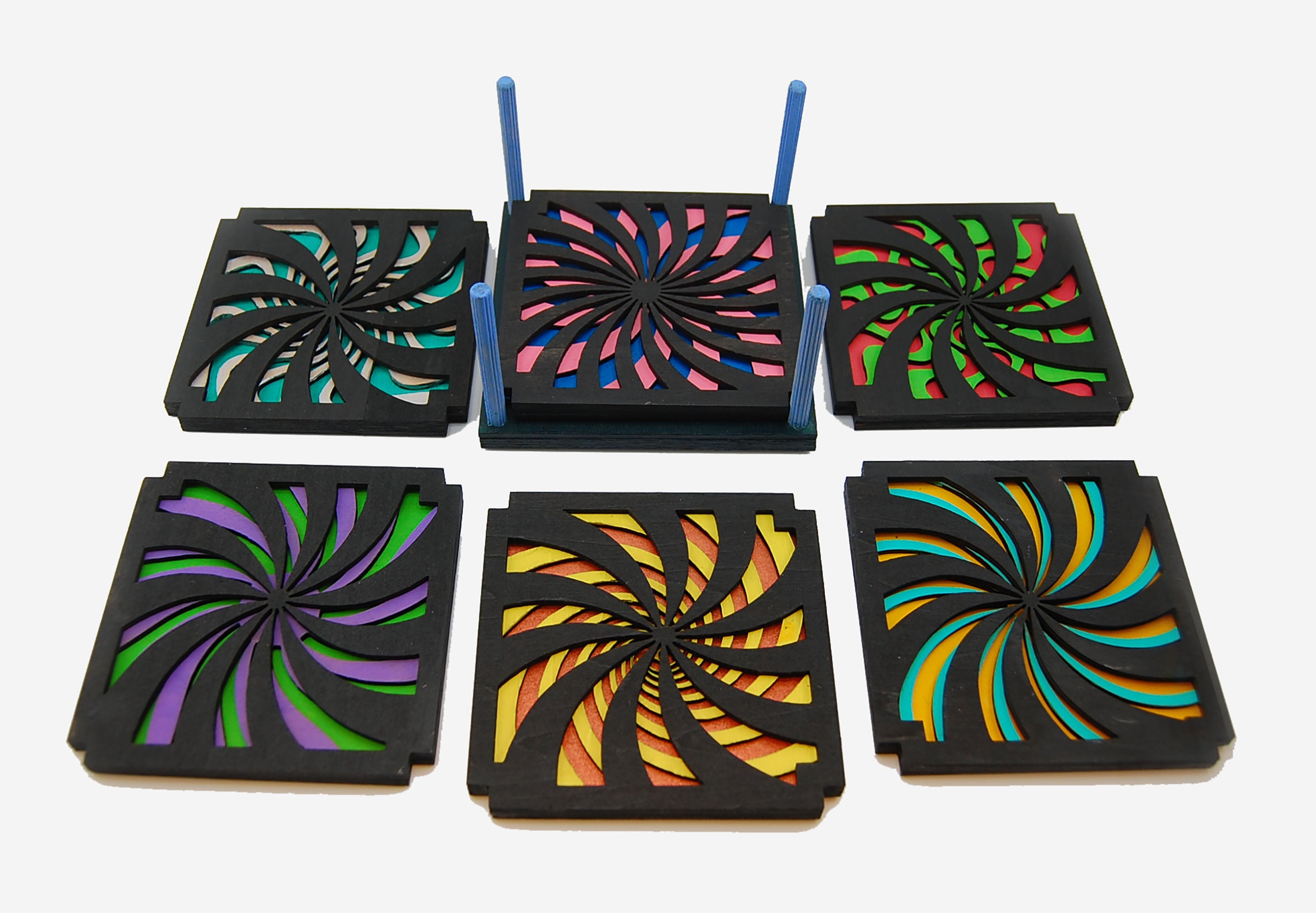 Coaster Set, 6 coasters, multi-layered basswood, laser cut, hand painted