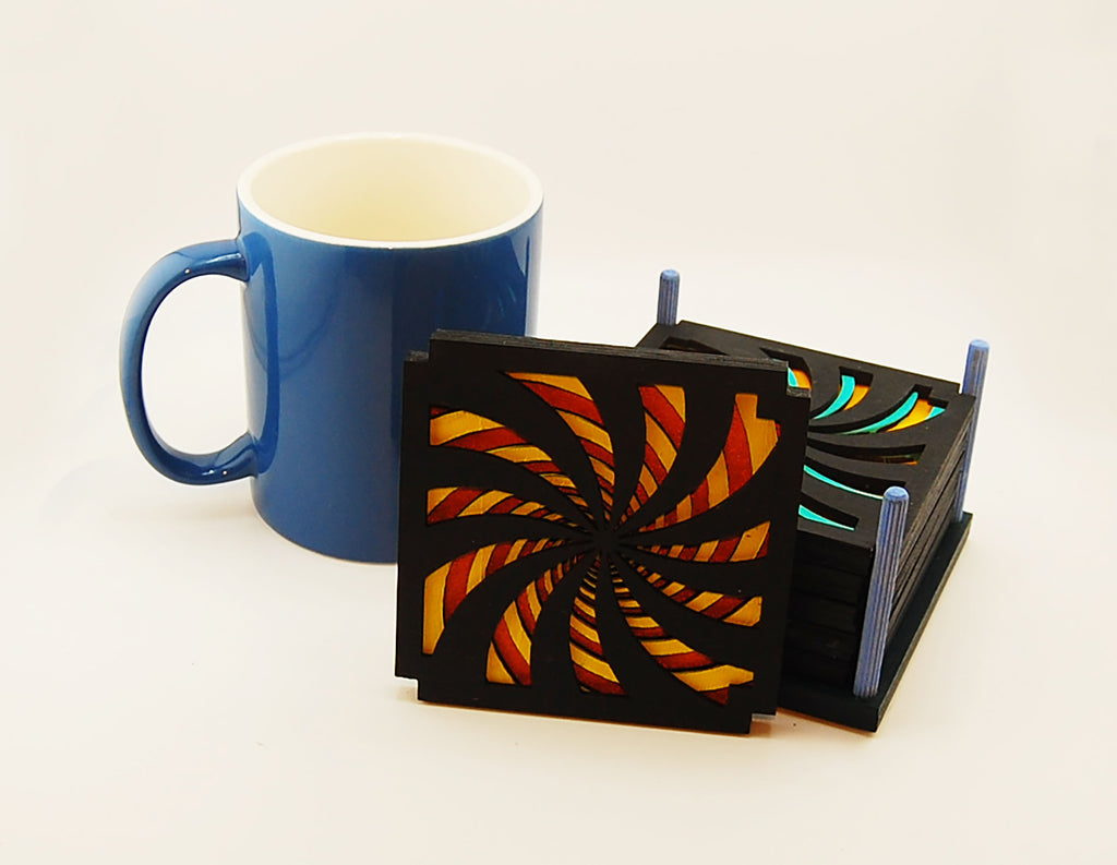 Coaster Set, 6 coasters, multi-layered basswood, laser cut, hand painted