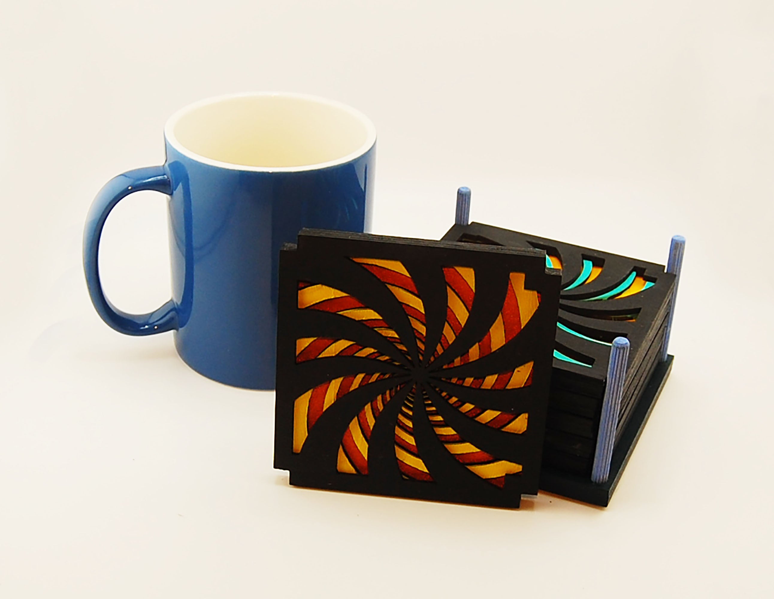 Coaster Set, 6 coasters, multi-layered basswood, laser cut, hand painted