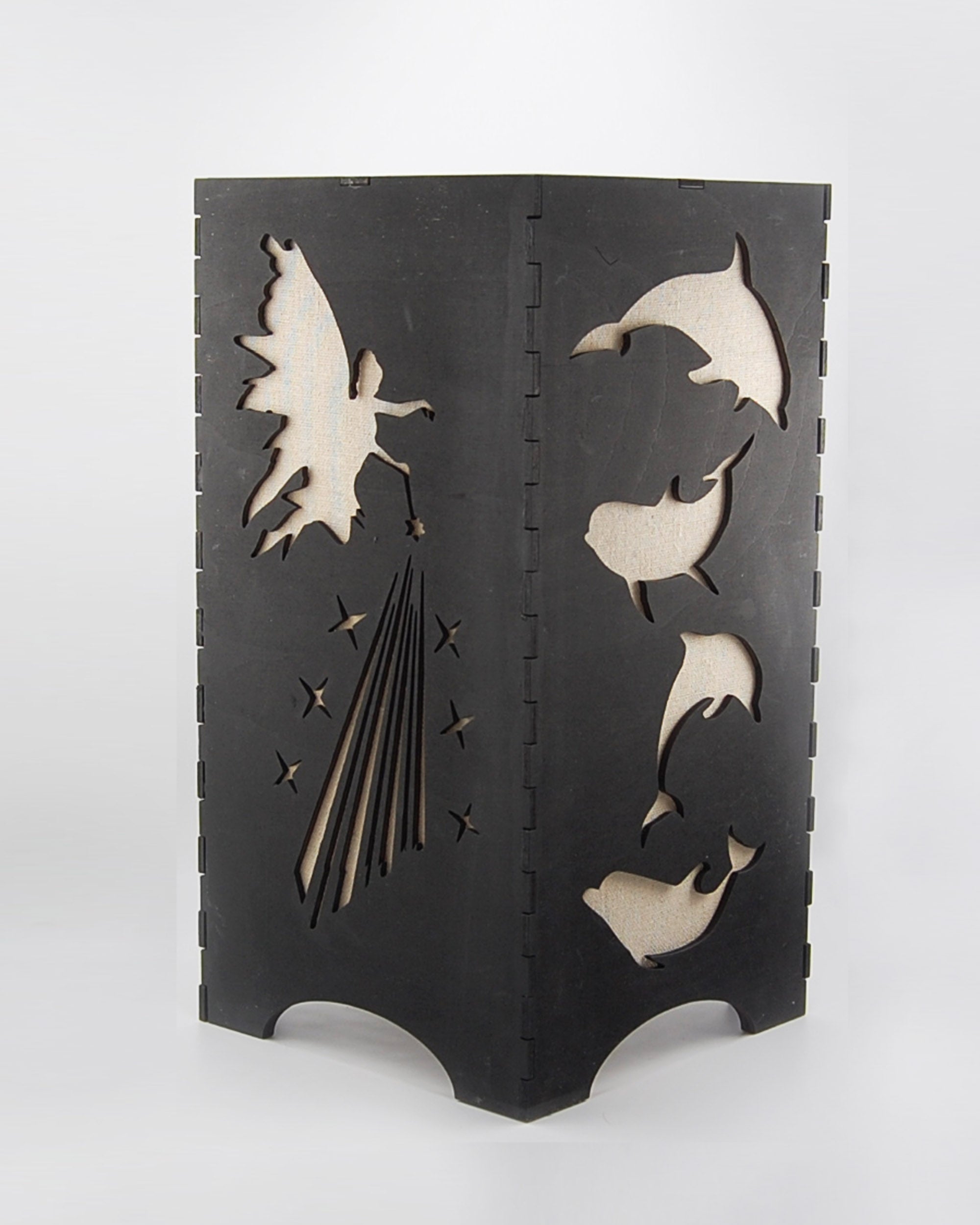 Fairies and dolphins lantern unlit, side view showing fairy and dolphin silhouettes