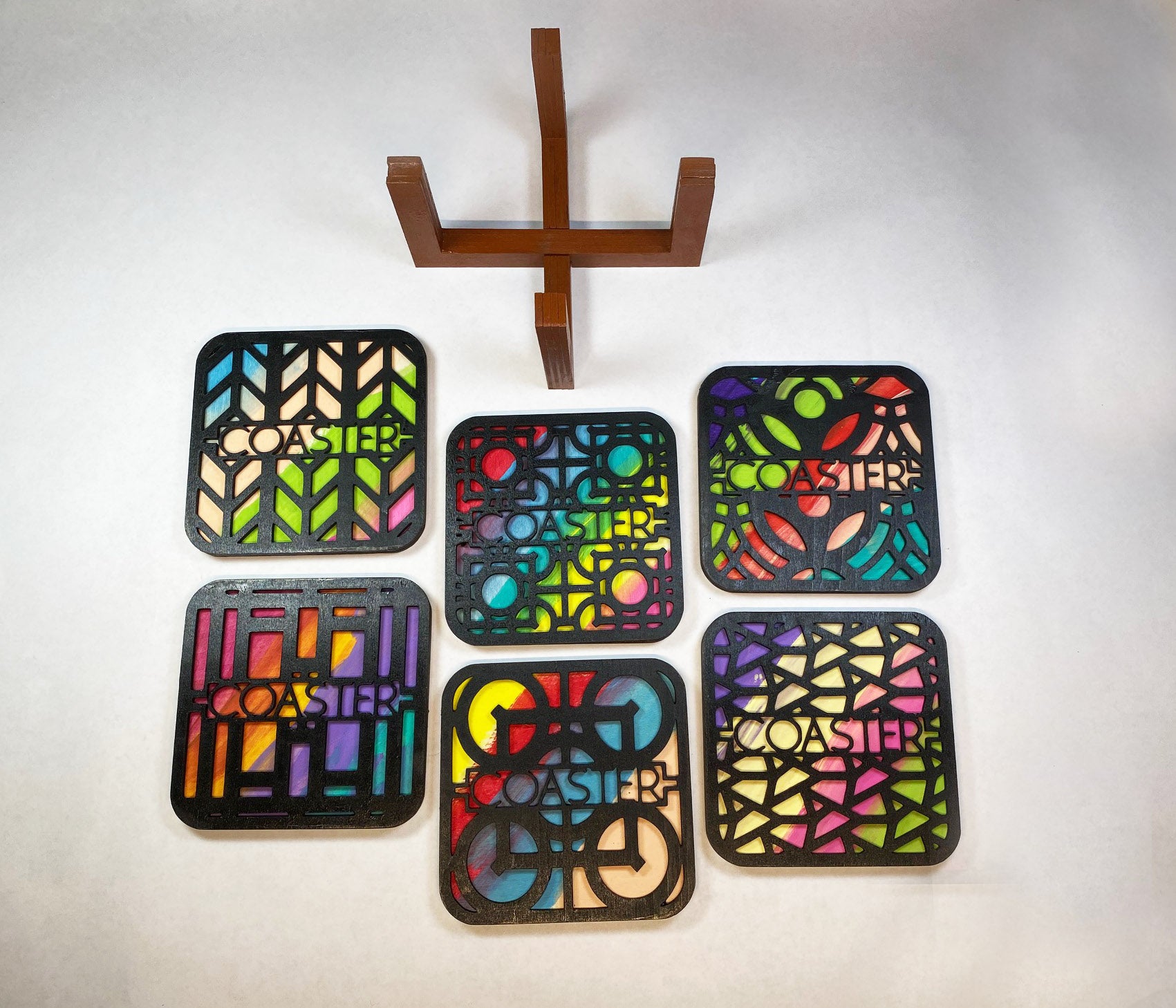 Frank Lloyd Wright Coaster Set of 6 | Handmade Laser Cut Wood Coasters with Holder | Architecture Gift | Mid-Century Modern Home Decor