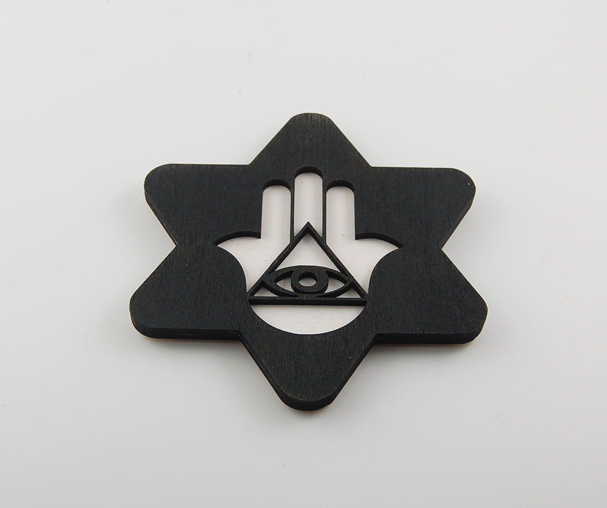 Star-shaped Judaica coaster with a detailed Hamsa design