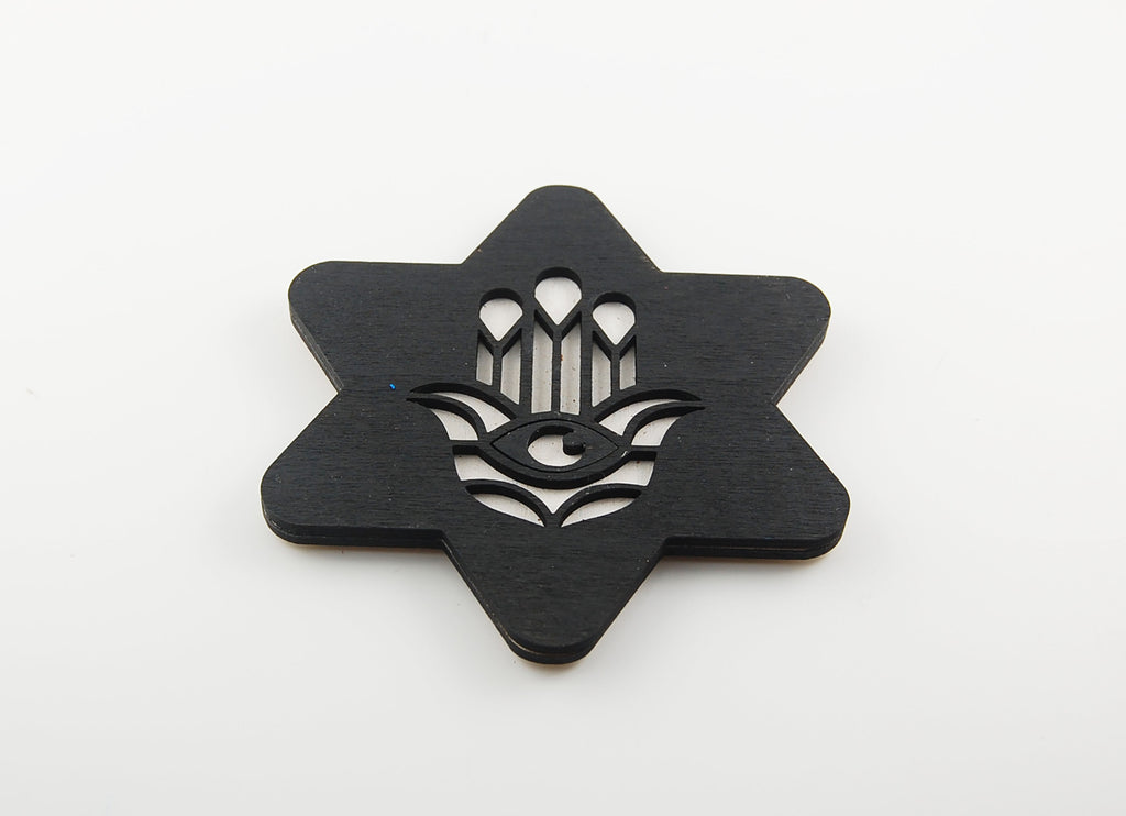 Star-shaped coaster with a geometric Hamsa and eye motif