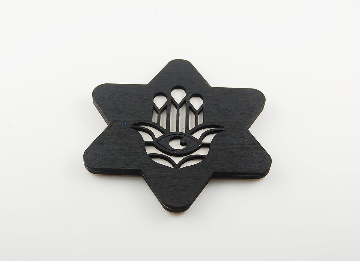 Star-shaped coaster with a geometric Hamsa and eye motif