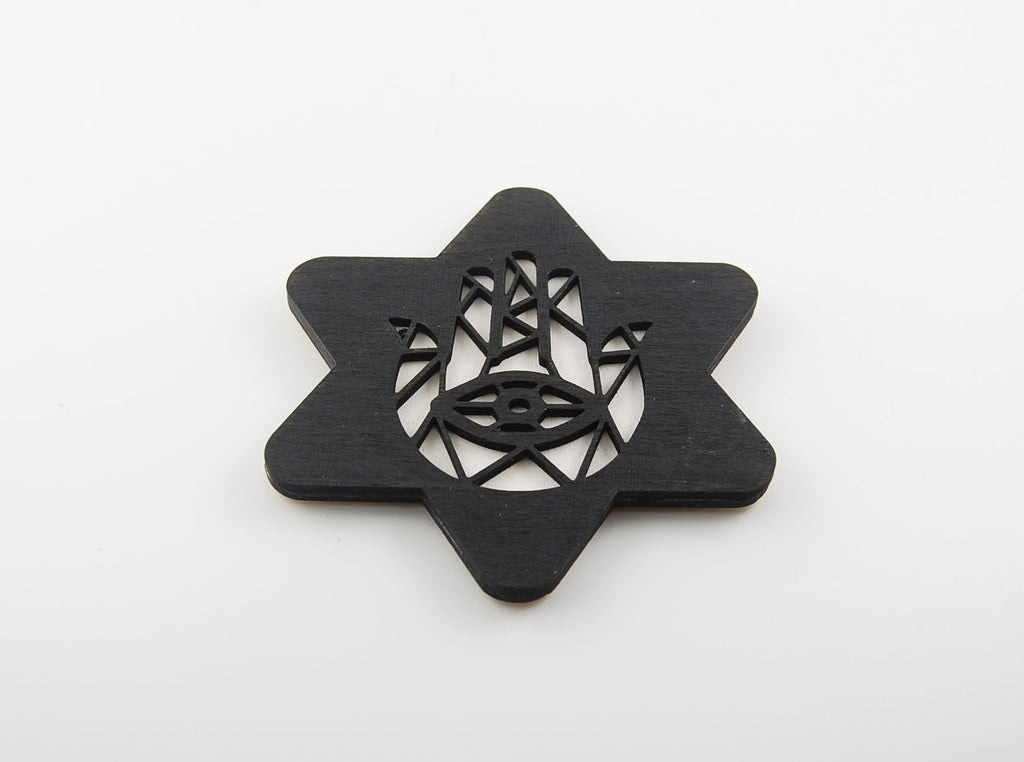 Star-shaped coaster with a layered Hamsa and Star of David motif