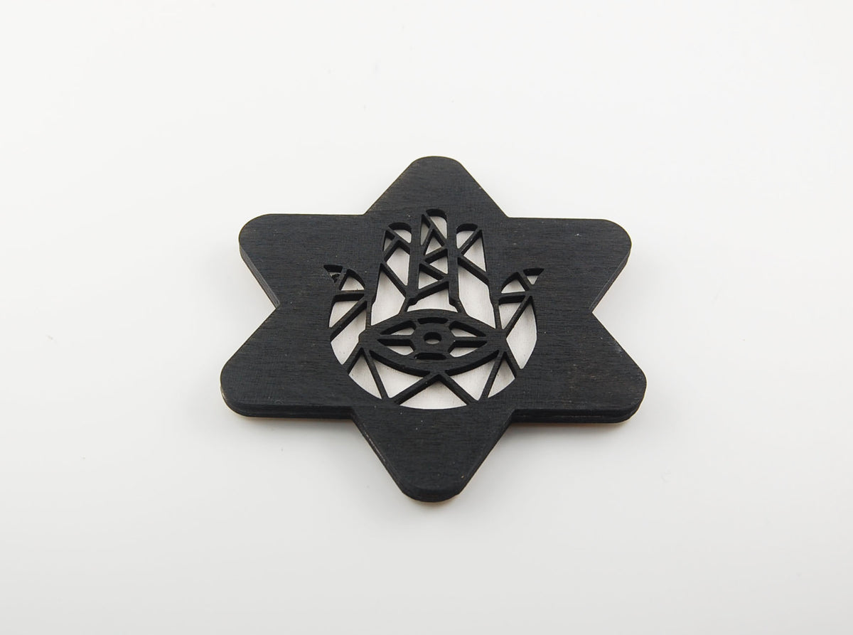 Star-shaped coaster with a layered Hamsa and Star of David motif