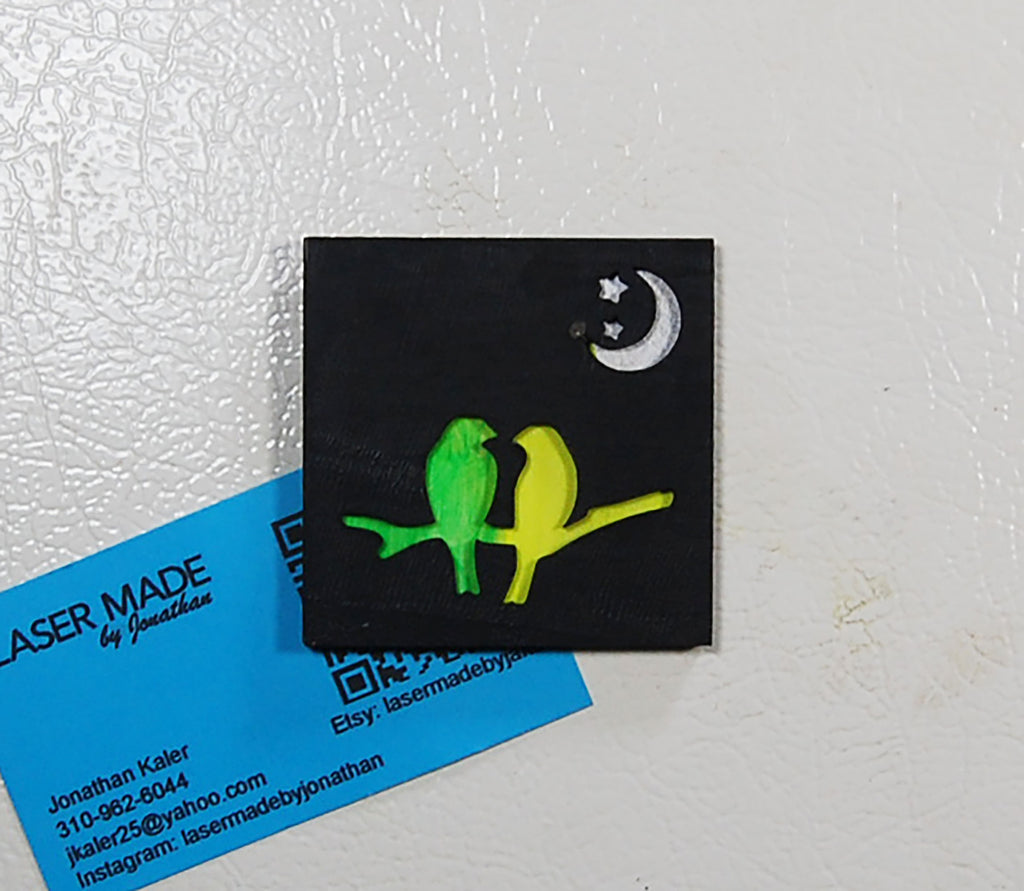 Hand-painted basswood magnet with two colorful birds