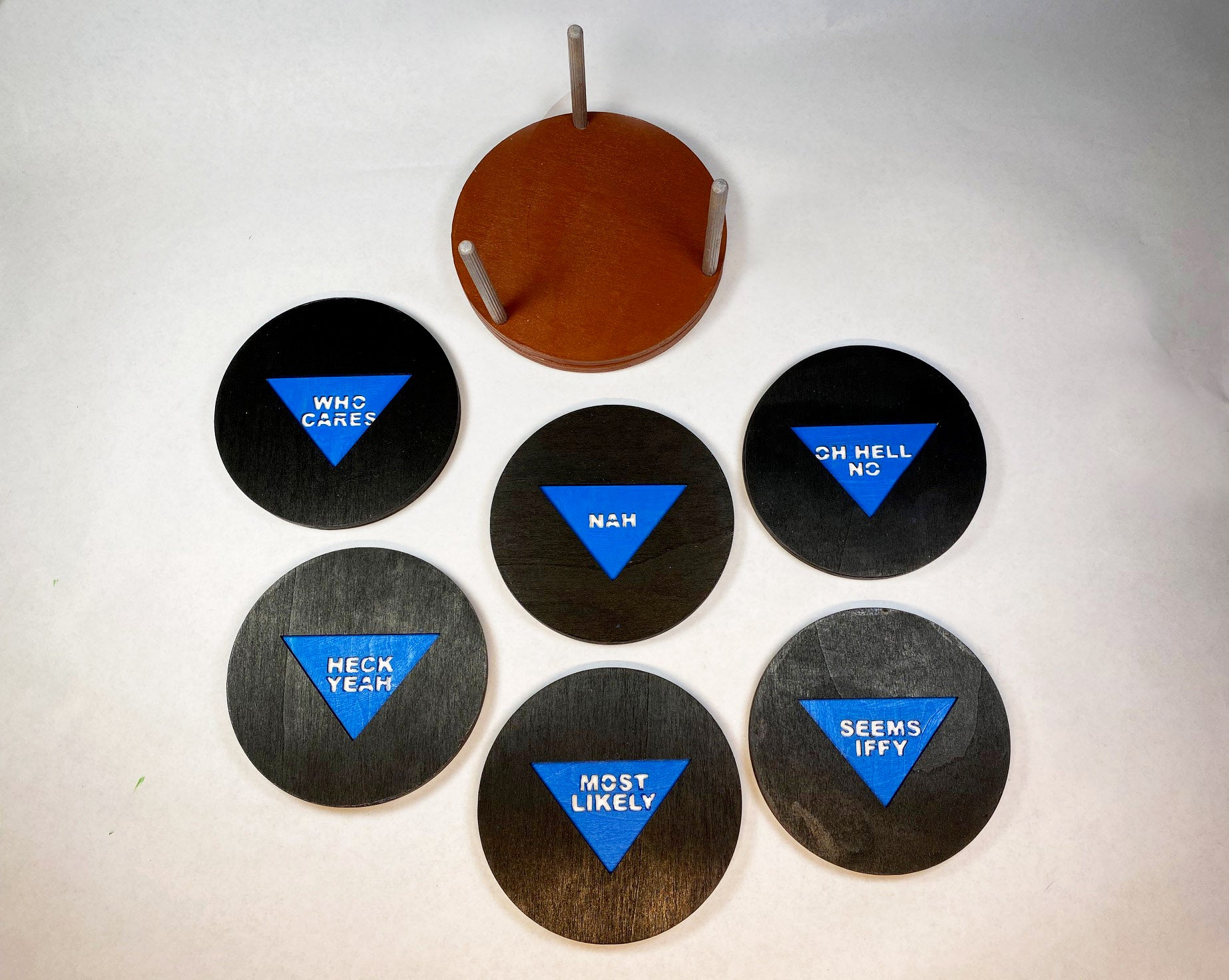 Magic 8 Ball Coaster Set | 6 Handmade Laser Cut Hand Painted Novelty Coasters with Holder