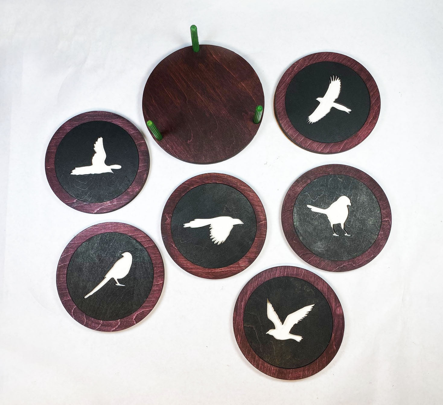 Magpie Coaster Set | 6 Handmade Laser Cut Hand Painted Bird Coasters with Holder