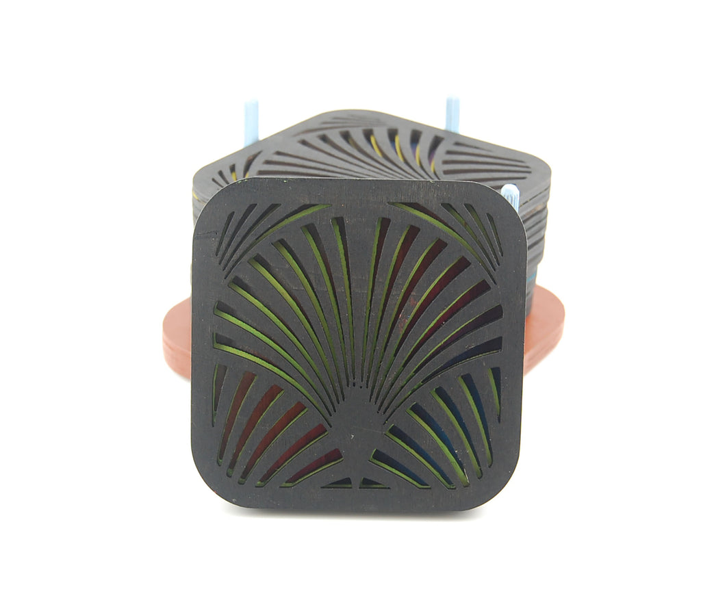Square laser-cut coaster with blue and green layered colors
