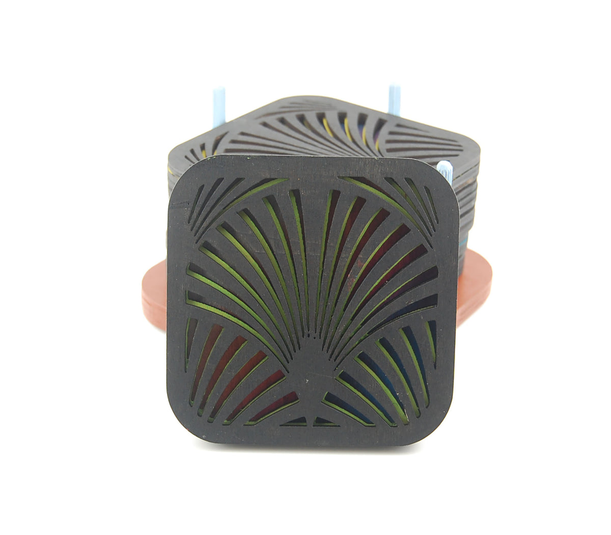 Square laser-cut coaster with blue and green layered colors