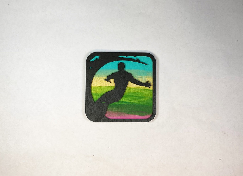 Surfer Coaster Set | 6 Handmade Laser Cut Hand Painted Ocean Coasters with Holder
