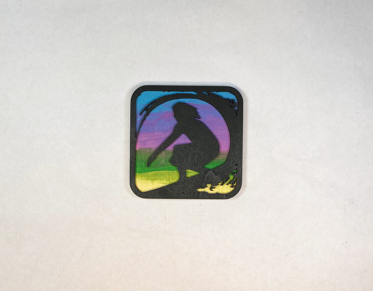 Surfer Coaster Set | 6 Handmade Laser Cut Hand Painted Ocean Coasters with Holder