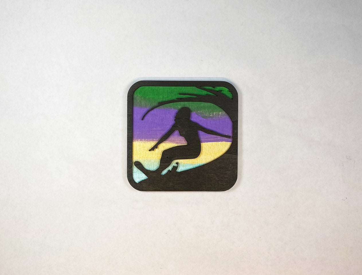 Surfer Coaster Set | 6 Handmade Laser Cut Hand Painted Ocean Coasters with Holder