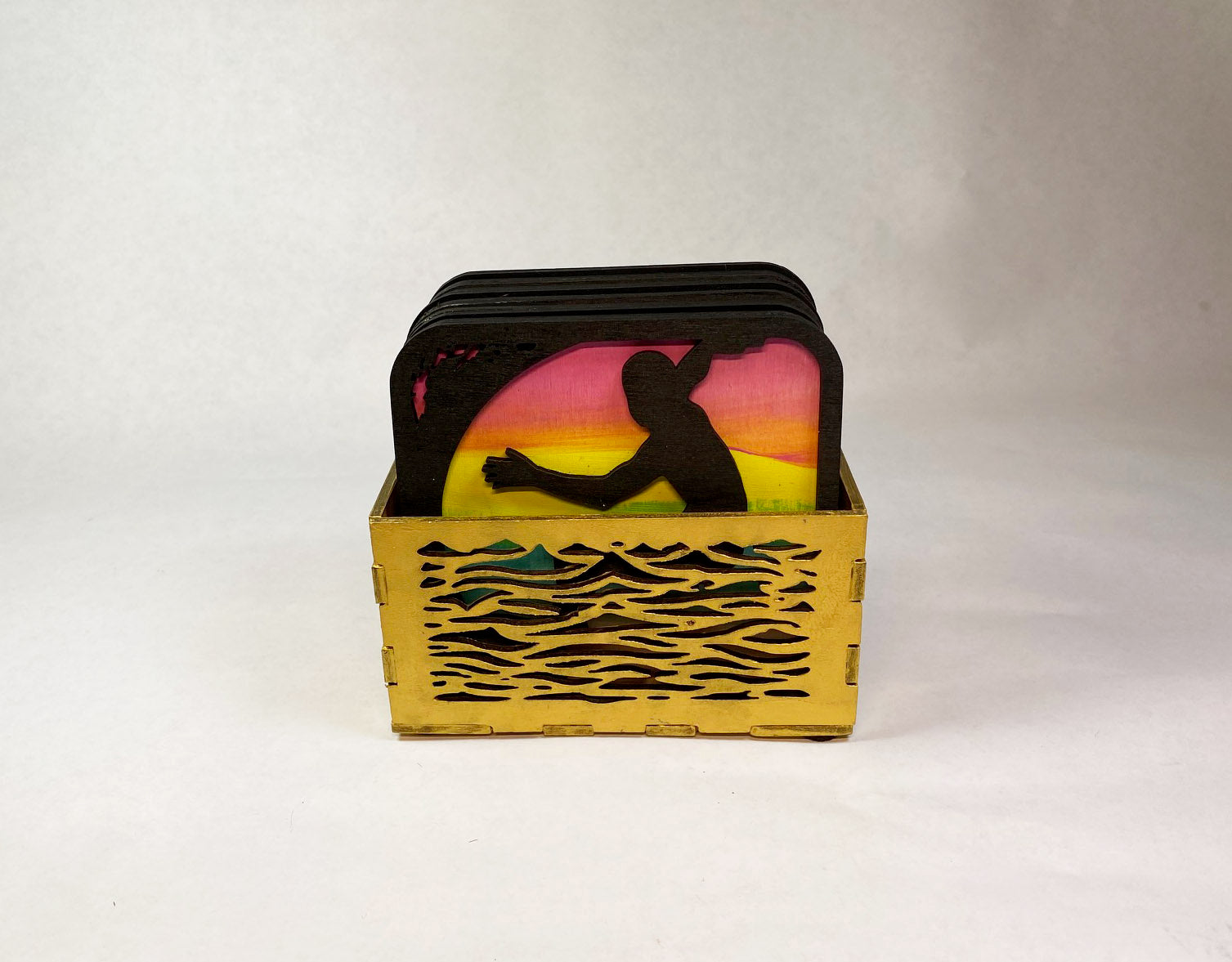 Surfer Coaster Set | 6 Handmade Laser Cut Hand Painted Ocean Coasters with Holder